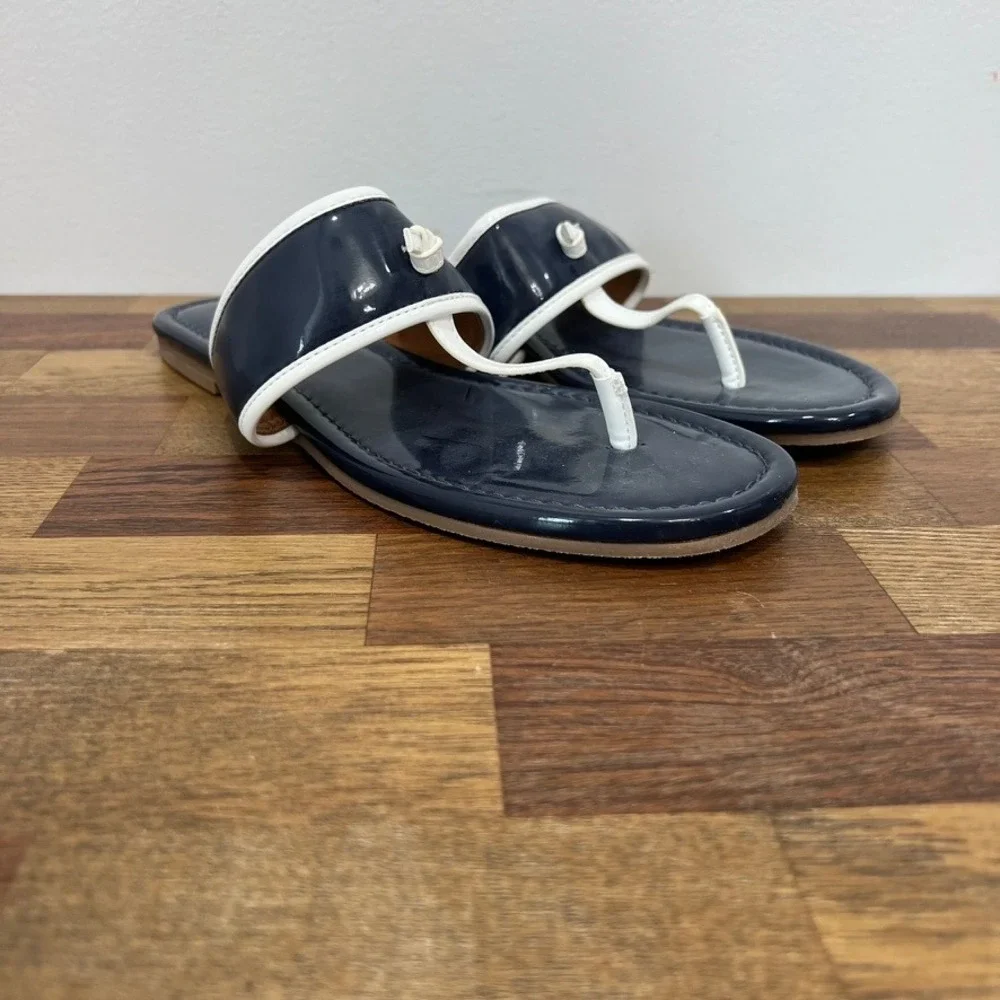 J Mclaughlin Leslie Sandal 8.5 Navy‎ Patent Leather Thong Summer Nautical Strap